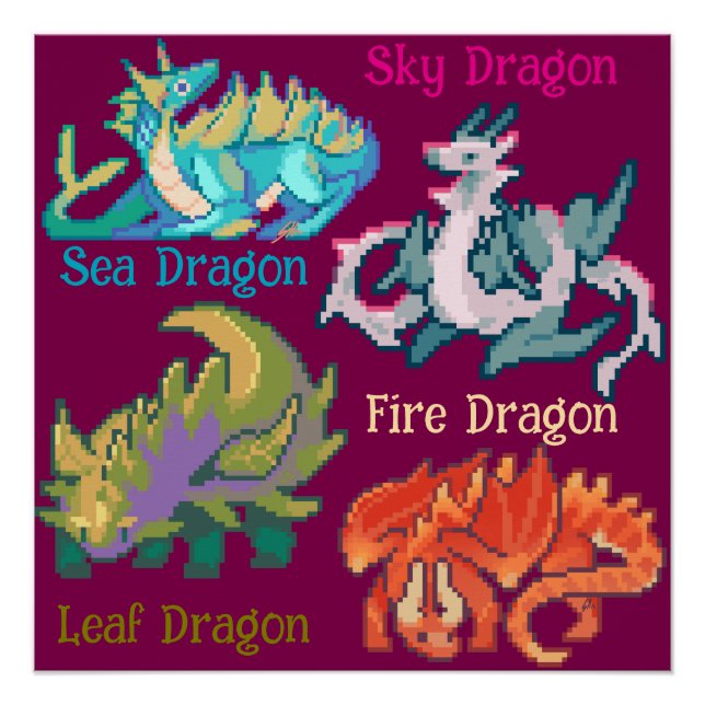 Leaf, sky, fire, sea Dragon pixel art Poster (Vorderseite)