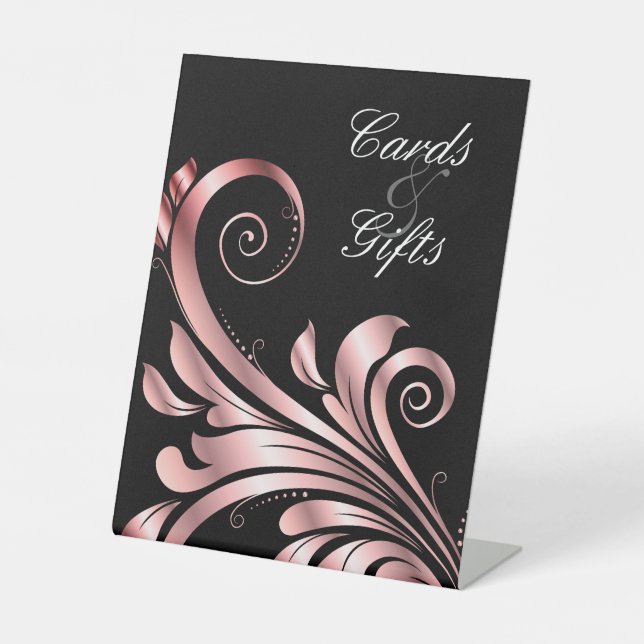 Leaf Swirl Wedding Rose Gold Black Pink Sockelschild (Vorderseite)