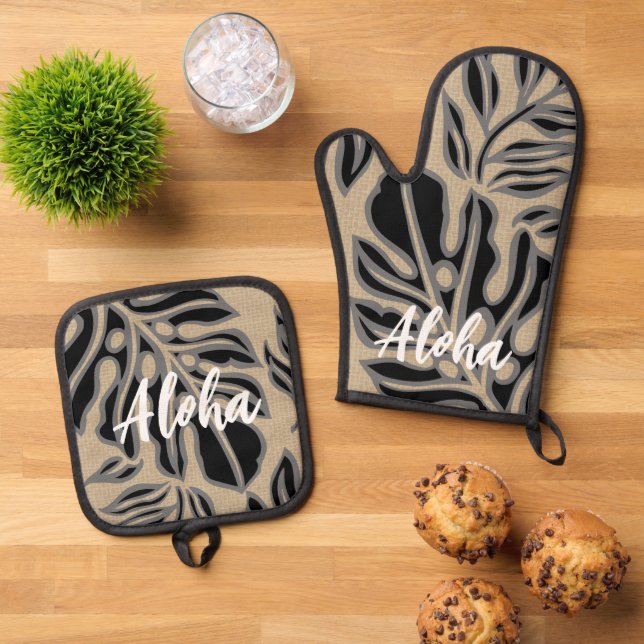 Leaf Tiki Black Hawaiian Tropical Ofenhandschuh & Topflappen-Set (Oben Unten)