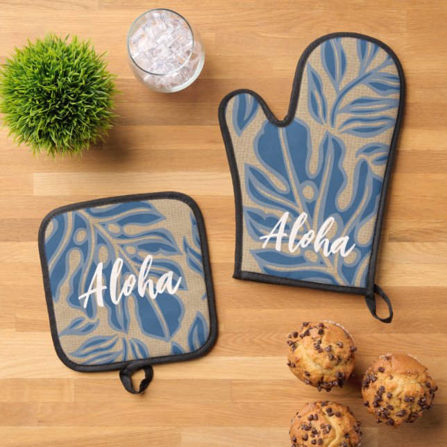 Leaf Tiki Indigo Blue Hawaiian Tropical Ofenhandschuh & Topflappen-Set (Oben Unten)