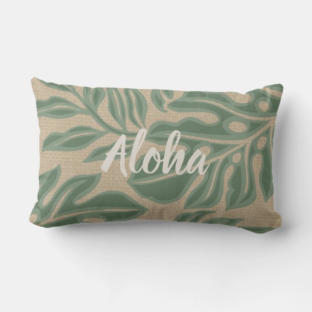 Leaf Tiki sage Green Hawaiian Tropical Reversible Kissen Für Draußen (Rückseite)