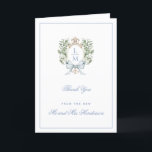 Leaf-Wappen mit/Bow Danke-Karte Ankündigung<br><div class="desc">Das elegante Aquarell Hochzeitsfest Wappen gibt dieser Hochzeitskarte einen schönen und zeitlosen Look, dass jede raffinierte Braut wird Liebe. Die Farben sind hellblau, grün, goldgelb und braun. Sie können ein Foto hinzufügen. Wenn Sie Fragen haben oder Hilfe bei der Anpassung dieser Einladung benötigen, wenden Sie sich bitte an uns. Ich...</div>