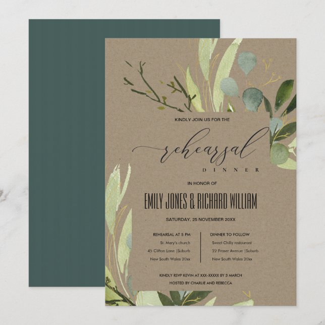 LEAFEN GREEN FOLIAGE WATERCOLOR PROBE DINNER EINLADUNG (Vorne/Hinten)