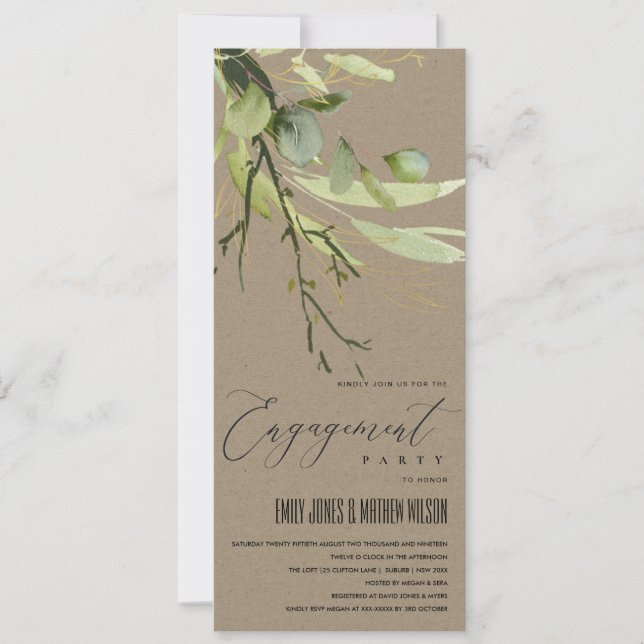 LEAFEN GREEN KRAFT FOLIAGE WATERCOLOR VERLOBUNG EINLADUNG (Vorderseite)