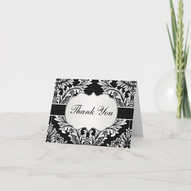 Leafy Damask white on black Wedding Danke (Vorderseite)