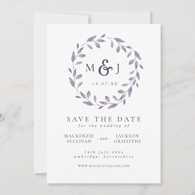 Leafy Elegance Blue & White Wreath Monogram Save The Date (Vorderseite)
