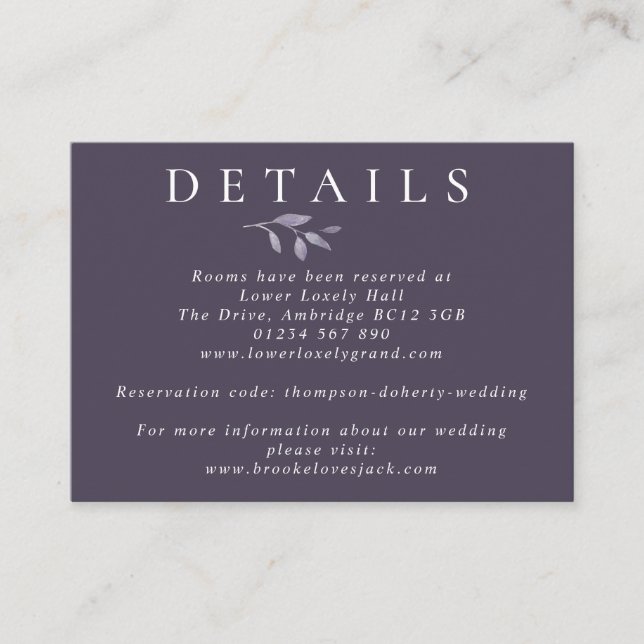 Leafy Elegance Watercolor Navy Hochzeiten Details Begleitkarte (Vorderseite)