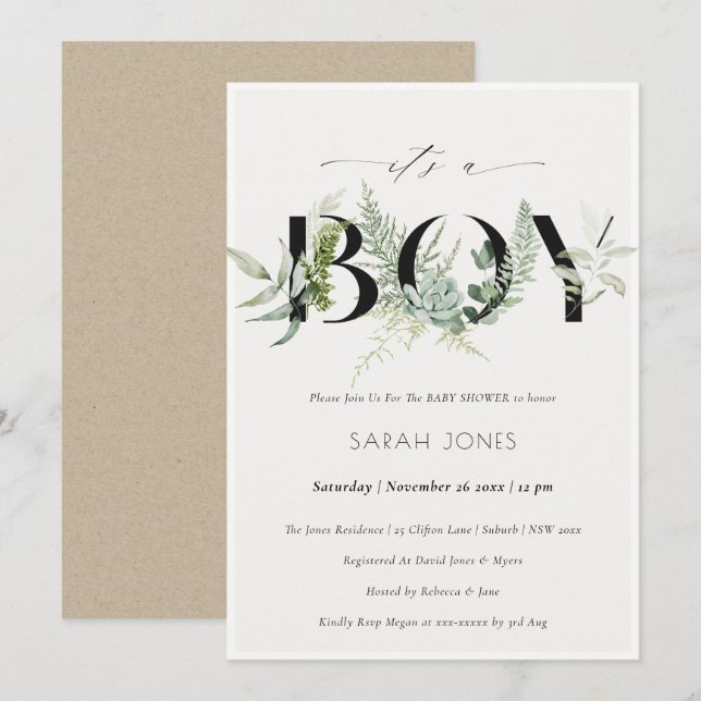Leafy Fern Succully seine Boy Baby Dusche einladen Dankeskarte (Vorne/Hinten)