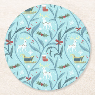 Leafy Floral Reindeer Weihnachtsmuster Runder Pappuntersetzer