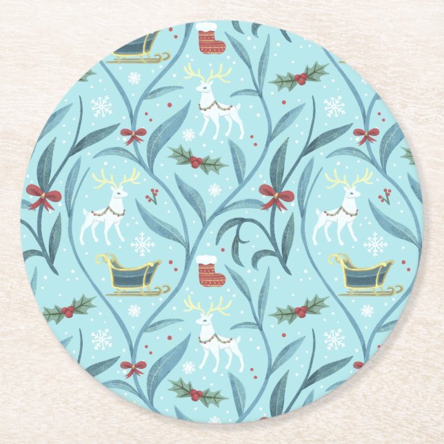 Leafy Floral Reindeer Weihnachtsmuster Runder Pappuntersetzer (Vorderseite)