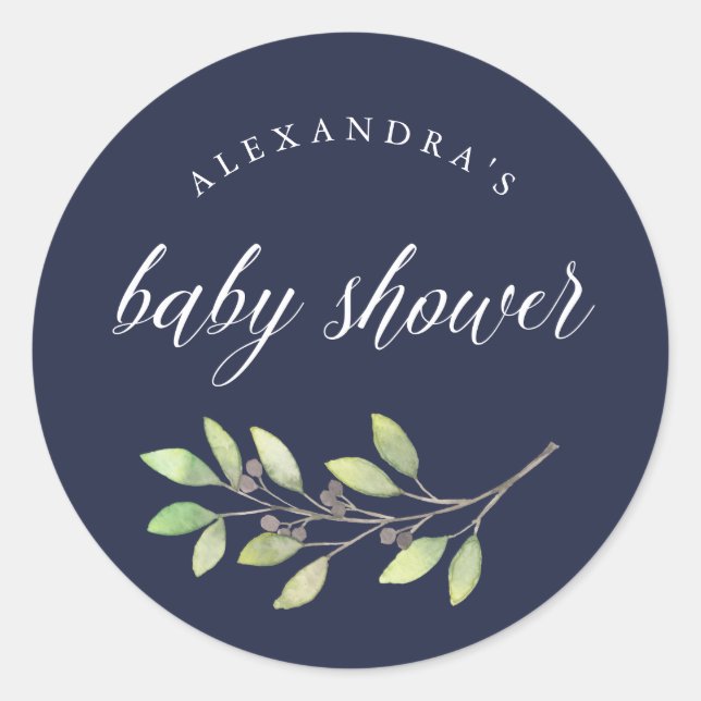 Leafy Green | Aquarell Baby Dusche Dunkelblau Runder Aufkleber (Vorderseite)