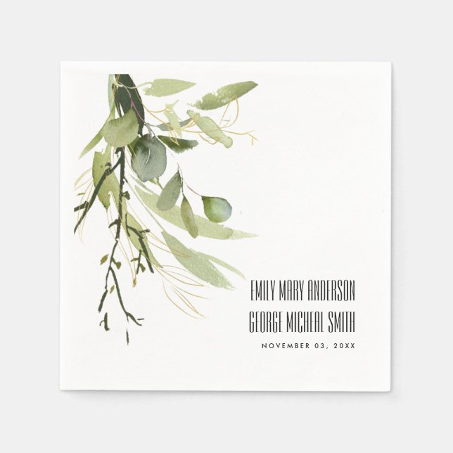 LEAFY GREEN GOLD FOLIAGE BUNCH WATERCOLOR WEDD SERVIETTE (Vorderseite)