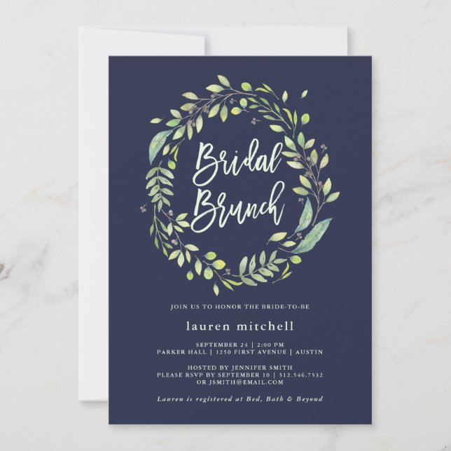 Leafy Green Kreath | Mitternacht Blue Bridal Brunc Einladung (Vorderseite)