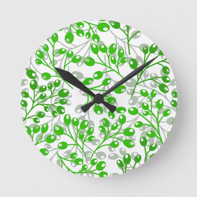 Leafy Green Pattern Moderne Elegante Berries Runde Wanduhr (Vorderseite)