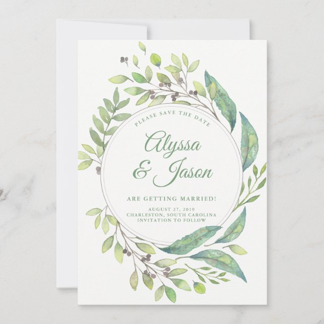 Leafy Green | Save the Date mit Foto und Namen (Vorderseite)