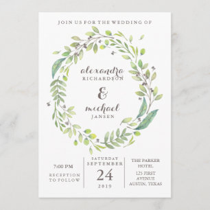 Leafy Green   Trendy Watercolor Wreath Wedding Einladung