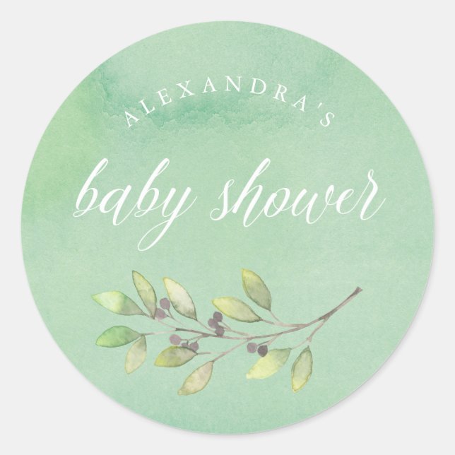 Leafy Green | Wasserfarben-Babydusche Runder Aufkleber (Vorderseite)