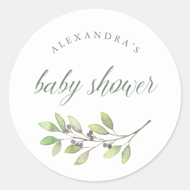 Leafy Green | Wasserfarben-Babydusche Runder Aufkleber (Vorderseite)