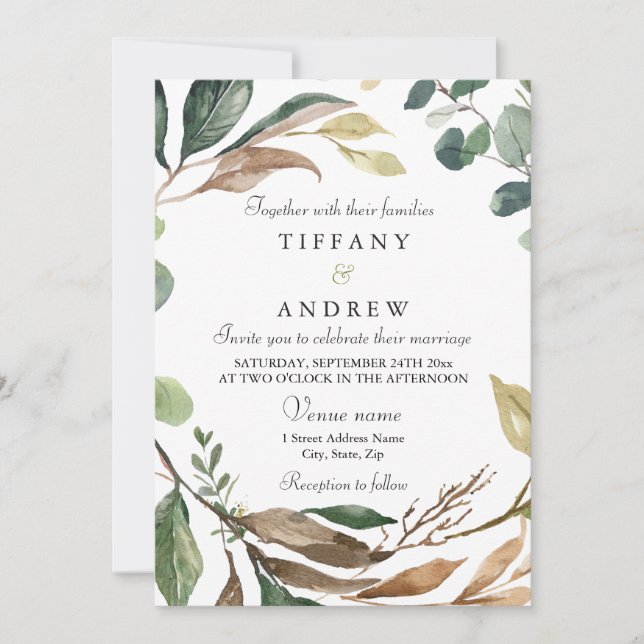 Leafy Green Wreath Elegante Moderne Hochzeit Einladung (Vorderseite)