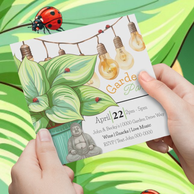 Leafy Hosta Pflanze mit Ladybugs und Buddha Einladung (Birthday, garden party, house warming party Buddha, plants and ladybug customizable invitation. )