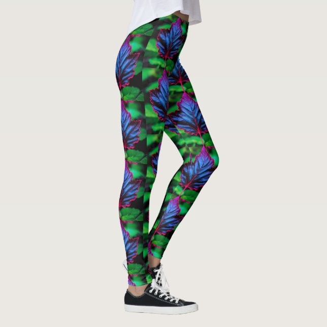 Leafy Neon Blue on Vivid Green Leggings (Rechts)