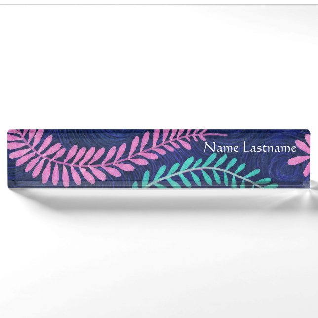 Leafy Pink und Aqua Desk Namplate Namensplakette (Vorderseite)