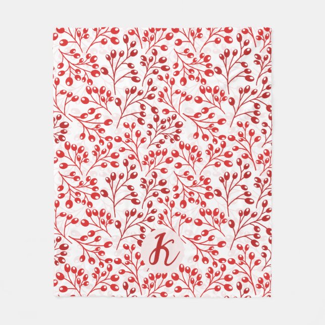 Leafy Red Pattern Moderne Elegante Mit Monogramm Fleecedecke (Vorderseite)