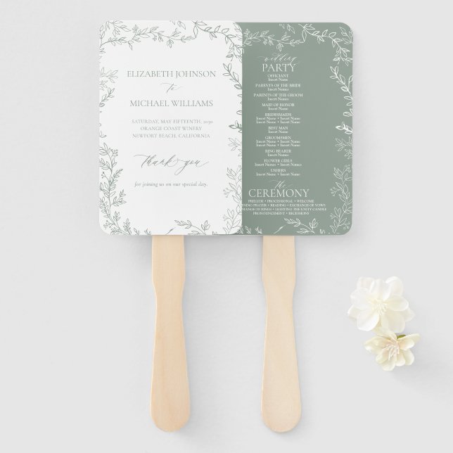 Leafy Sage Green Elegant Monogram Wedding Program Fächer (Vorne und Hinten)