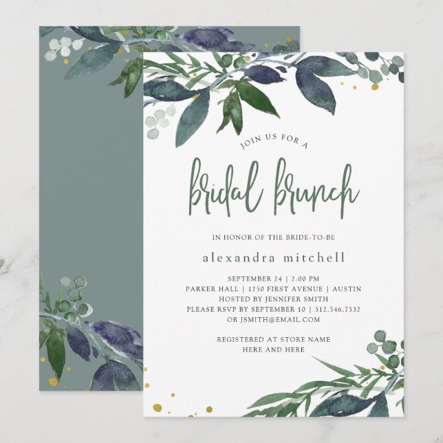 Leafy Watercolor | Bridal Brunch Einladung (Vorne/Hinten)