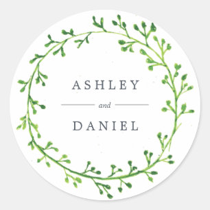 Leafy Watercolor Wreath Wedding Runder Aufkleber