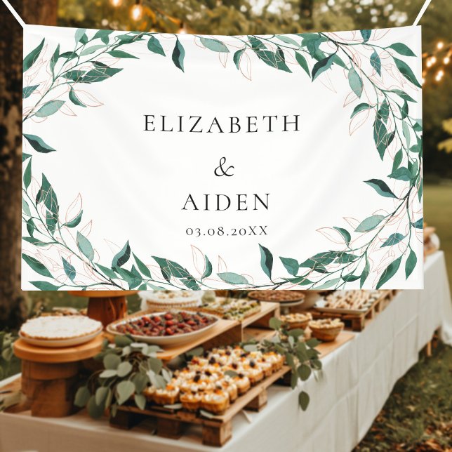 Leafy  Wedding  Banner (Elegant, leafy greenery & rose-gold line art design, white, wedding banner with your name & date. )