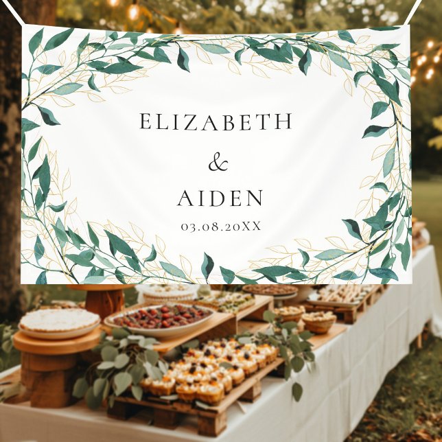 Leafy Wedding  Banner (Elegant, leafy greenery & gold line art design, white, wedding banner with your name & date.)