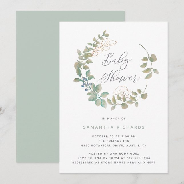 Leafy Wreath | Botanische Babydusche mit Gold Einladung (Vorne/Hinten)