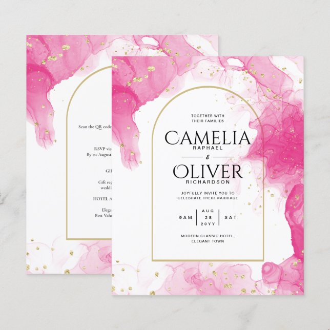 Leah G PINK GOLD INK Abstrakt Wedding INVITE (Vorne/Hinten)