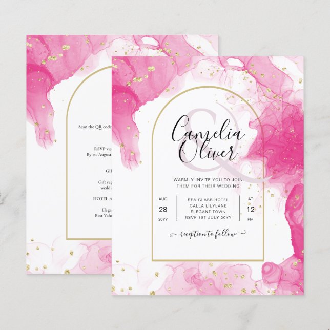 Leah G PINK GOLD INK Abstrakt Wedding INVITE (Vorne/Hinten)