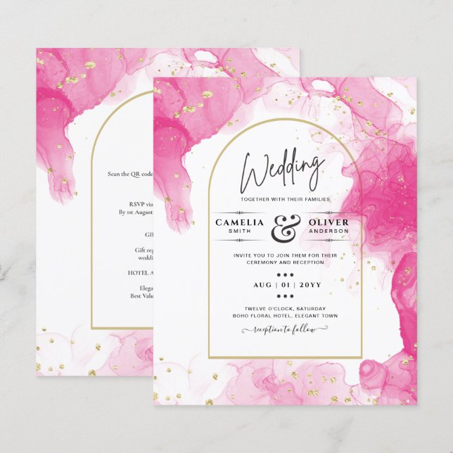 Leah G PINK GOLD INK Abstrakt Wedding INVITE (Vorne/Hinten)