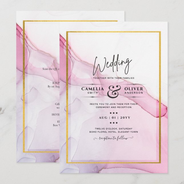 Leah G PINK Lila Tinte Abstrakt Wedding INVITE Einladung (Vorne/Hinten)