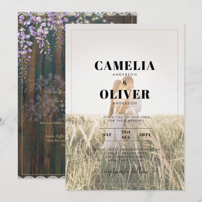 Leah G Rustic WISTERIA Lace Floral Wedding INVITE Einladung (Vorne/Hinten)