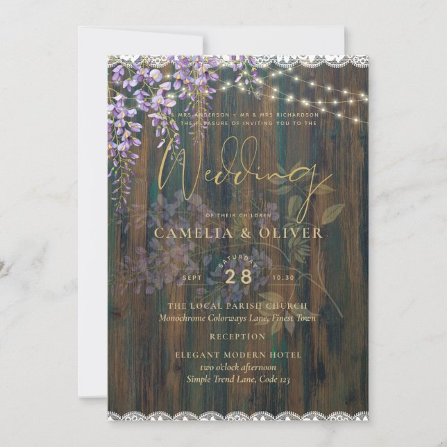 Leah G Rustic WISTERIA Lace Floral Wedding INVITE Einladung (Vorderseite)
