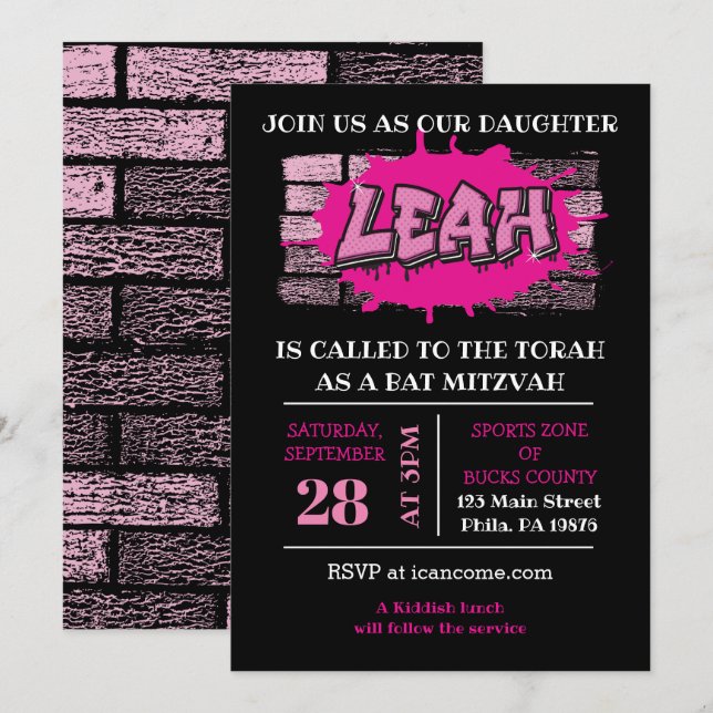 LEAH Graffiti Name Brick Wall Bat Mitzvah Einladun Einladung (Vorne/Hinten)