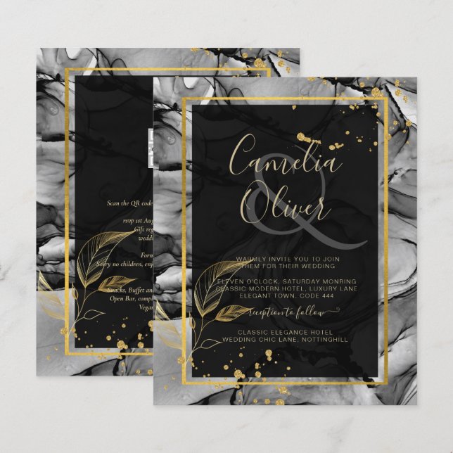 LeahG® Black Gold Alkohol Tinte Wedding INVITE (Vorne/Hinten)