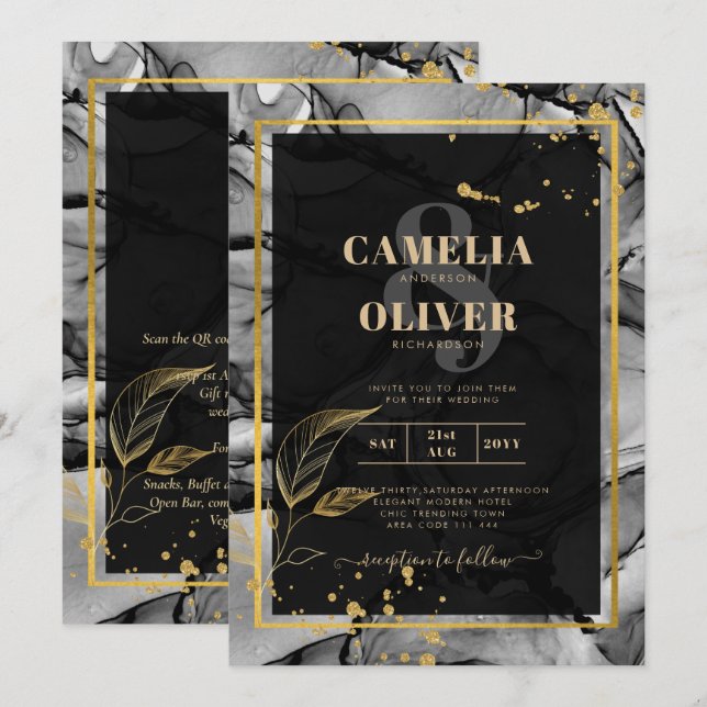 LeahG® Black Gold Alkohol Tinte Wedding INVITE Einladung (Vorne/Hinten)