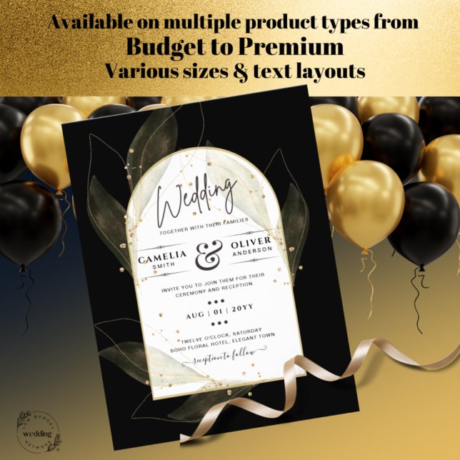 LeahG Black Gold Blätter Moderne HochzeitsinvITE (Von Creator hochgeladen)