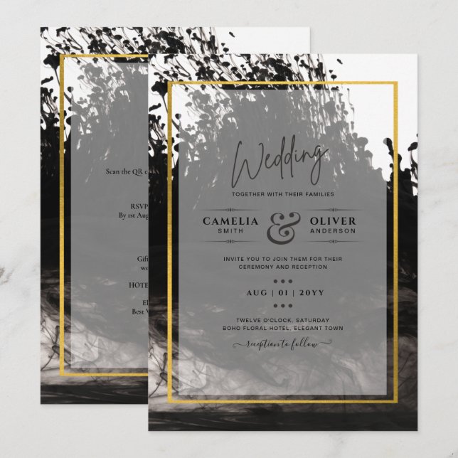 LeahG Black Gold INK Mariage Abstrait Invitation (Devant / Derrière)