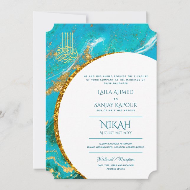 LeahG Blue Islamic Wedding lädt Nikah ein Einladung (Vorderseite)