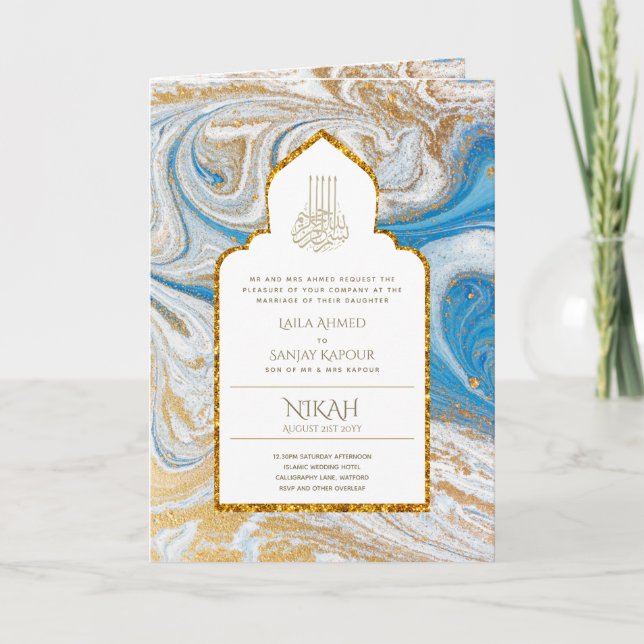 LeahG Blue Islamic Wedding lädt Nikah ein Karte (Vorderseite)