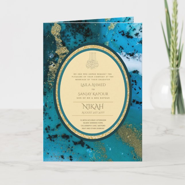 LeahG Blue Islamic Wedding lädt Nikah ein Karte (Vorderseite)