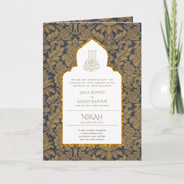 LeahG Blue Islamic Wedding lädt Nikah ein Karte (Vorderseite)