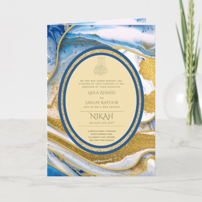LeahG Blue Islamic Wedding lädt Nikah ein Karte (Vorderseite)
