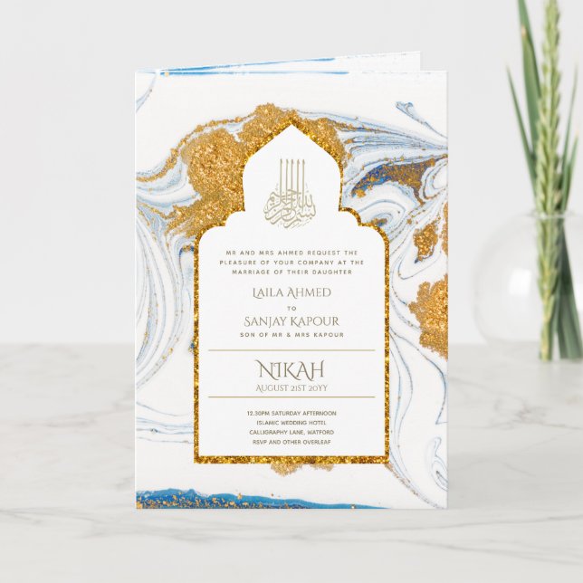 LeahG Blue Islamic Wedding lädt Nikah ein Karte (Vorderseite)